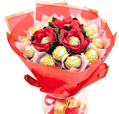 Bouquet chocolat Anniversaire sucré chocolat Cadeau personnalisé insolite Coffret gourmandises Original pour elle (18cm Ferr+3 roses)