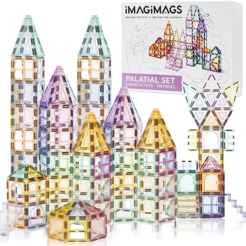 IMAGIMAGS Magnetic Building Tiles, 108 Piece Palatial Set for Boys Girls Kids, Pastel Magnetic Tiles Activity Building Block Toddler Toys, STEM, Children Ages 3 Years +