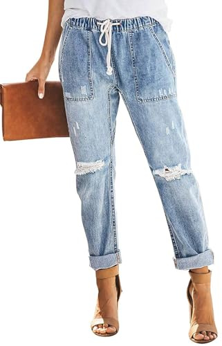 Alaster Queen Women Jeans Casual Distressed Stretch Jeans Elastic Waist Jean Denim Pants