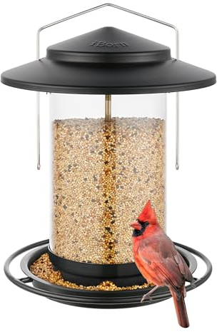 iBorn Vogelfutterspender,Metall Vogelfutterhaus zum Aufhängen,Futterstation für Kardinal mit Futterschale,6 Futterlöcher,18 cm großes Dach,Wetterfest Wildvögel Vogelhaus,Schwarz