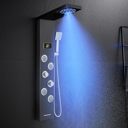 ROVOGO Schwarze Duschpaneel mit Armatur, Duschpaneele ohne Batterie mit Temperaturanzeige und LED Licht, 5 Duschmodi - Nebel, Regen, Massagedusche, Wanneneinlauf, Handbrause, Duschsäule Edelstahl 304
