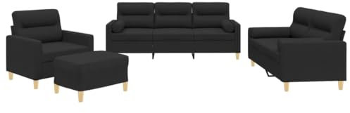 vidaXL Sofagarnitur 4-TLG., Sessel Couch mit Kissen Fußhocker, Sofa Wohnzimmersofa mit Armlehnen, Couchgarnitur Designsofa Sitzmöbel Polstermöbel, Schwarz Stoff