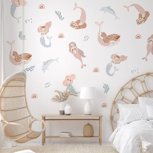 Mica-Mica Wandtattoo Kinderzimmer Mädchen - Meerjungfrauen Boho | Hochwertige Stoff-Wandtattoos | 100% PVC-frei | Nachhaltige Wanddeko, Wandaufkleber & Wandsticker | Deko fürs Babyzimmer Grösse: XL