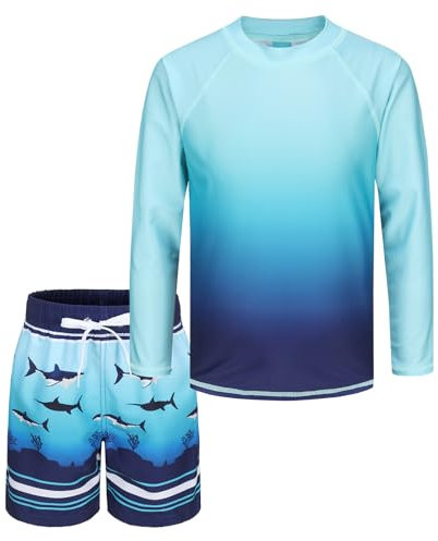 T Shirt de Bain Anti UV Enfant à Manches Longues Rashguard Maillot de Bain Garcon 2 Pieces Haut de Bain Anti UV Garcon Short de Bain Garcon Enfant pour Surf Natation Piscine Plage 11 12 Ans
