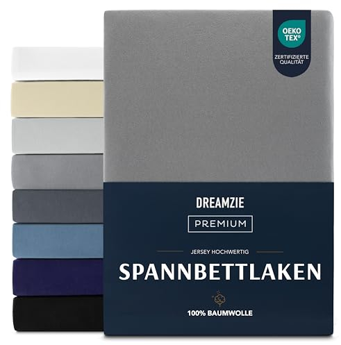 Dreamzie Premium Spannbettlaken 100x200 cm, Spannbetttuch für Dicke Matratzen bis zu 22 cm, Bettlaken 100% Jersey Baumwolle, 150 g/m², Oeko-TEX Zertifiziert - Anthrazit