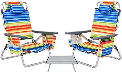 GIANTEX Klappstuhl Strandstuhl mit Tisch Set, klappbarer Gartenstuhl Campingstuhl Liegestuhl mit Verstellbarer Rückenlehne, Hochlehner mit Kopfstütze, Balkonstuhl Terrassenstuhl mit Seitentaschen