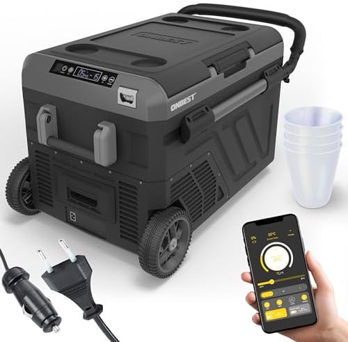 ONBEST XXL Kompressor Kühlbox – Große 40L – Elektrische Gefrierbox & Teleskophandgriff – 12V & 230V Stromanschluss – Mobile Kompressorkühlbox mit integriertem Zubehör – Autokühlboxen