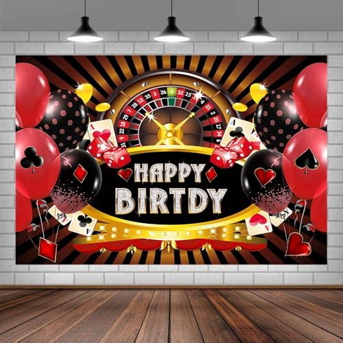 3 x 2,4 m Casino Geburtstag Hintergrund Las Vegas Casino Nachtspiel Happy Birthday Fotografie Hintergrund Rot Schwarz Ballon Würfel Poker Männer Geburtstag Party Banner Dekorationen Fotoshooting