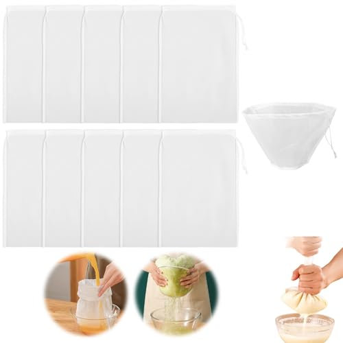 10 Pack Nut Milk Bag, 8 x 12 Fine Mesh Nylon Cheese Cloth Bags for Straining Reusable 80 Mesh Nut Strainer Bag Filtering Drawstring Food Filter Bag for Almond Cashew Juice, Nut Milk, Yogurt