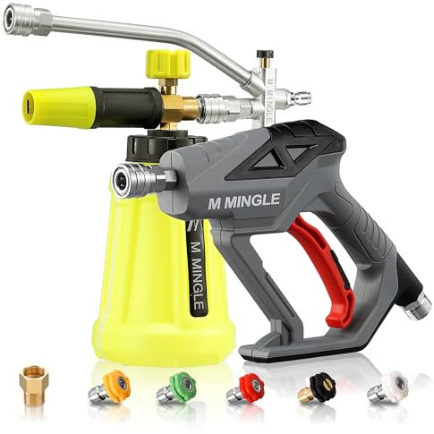 M MINGLE Pistolet de nettoyeur haute pression avec canon à mousse, accessoire à double connecteur, kit de pistolet à mousse de lavage de voiture, connecteur rapide de 6,35 mm, 5 embouts de buse de