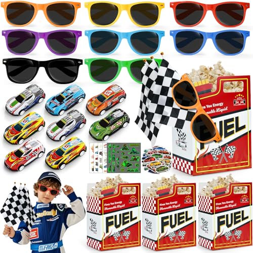 100PZ Corsa Gadget Compleanno Bambini Regalini Compleanno Bambini Invitati con Bustine Regalini Occhiali da Sole Sticker Tatuaggi Luminosi Pignatta Pensierini Regalini Fine Festa Compleanno Bomboniere