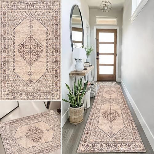 Lanmuvo Teppich Läufer 90x350cm rutschfest Küchen Teppich, Waschbar Polyester Boho Flur Küchenläufer für Korridor, Modern Vintage Kücheläufer Teppichläufer für Wohnzimmer, Küche, Anpassbar