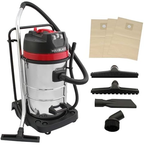 MAXBLAST Aspirateur Industriel 80L Eau et Poussière 4 Accessoires Nettoyage Commercial 3000W Moteur Triple Acier Inoxydable Filtre en Tissu Tuyau 1,5m Câble 9m sans/avec Sac 4 Sacs GRATUITS