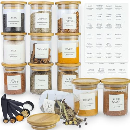 Fab N' Mod 12-Glass Spice Jars with Bamboo Lids And Labels – 200ml Airtight Spice Storage Organiser for Herbs & Seasoning. Spice Containers With Lids include 5 Multi-Size Measuring Spoons.