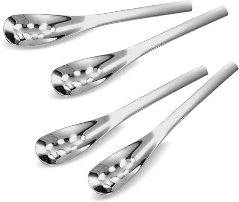 4 Stück Schlitz Servierlöffel, Edelstahl Kaviar Löffel, Kleine Schaumlöffel, Sieblöffel, Olivenlöffel, Löffel Mit Löchern Salatlöffel Abendessen Utensilien für Home Kitchen Restaurant Buffet