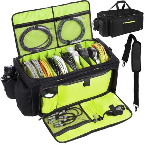 Timoxi Große DJ-Tasche mit integriertem stabilem Stützbrett, DJ-Kabeltasche mit 9 abnehmbaren Trennwänden und gepolstertem Schultergurt, Gigbag für professionelle DJ-Ausrüstung, Musikinstrument und