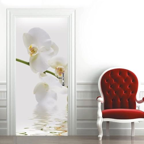 Tizhweqo Türtapete Selbstklebend 90x210 Weiße Orchidee Türfolie Türposter Orchidee Fototapete Türklebefolie Wandbild Türaufkleber Wandtapete 3D Effekt für Wohnzimmer Schlafzimmer Küche b3238
