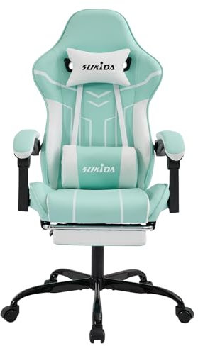 SUKIDA Gaming Stuhl Computerstuhl Ergonomischer Gaming Chair mit Fußstütze Bürostuhl Ergonomischer Computerstuhl mit Lendenwirbelstütze Mintgreen
