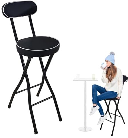 Generisch 55 60 65 70 75 cm Klapphocker mit Rückenlehne und Fußstütze,Tragbarer Runder Gepolsterter Frühstückshocker für Küche, Esszimmer, Büro,Faltbarer Barhocker(Schwarz,65cm (26inch))
