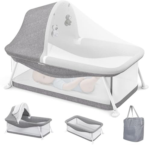Growaystory Lit de Voyage Bébé Pliable Berceau d'Appoint avec Moustiquaire,Sac de Transport & Jouet Lit Bébé Respirant pour Intérieur/Extérieur