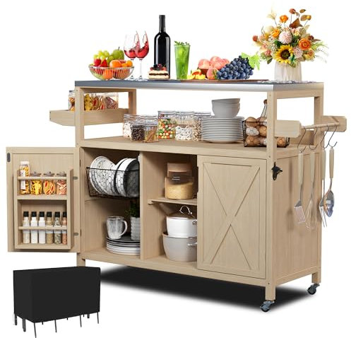 Mesa auxiliar con carrito para barbacoa, ideal para fiestas en el jardín o en el patio, mesa con carrito para barbacoa al aire libre con cubierta de acero inoxidable, mesa de isla de cocina portátil