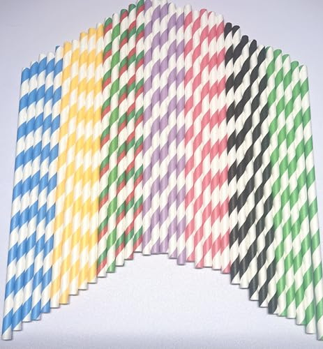 Biodegradable 100 Paper Drinking Straws, Striped Multi-Colour Pack, Party and Beverage Accessories