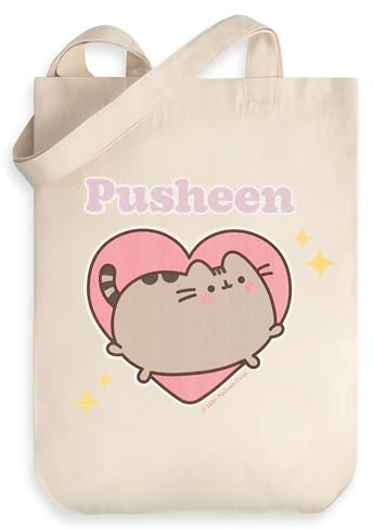 Pusheen the Cat Ladies Beige Heart Tote Bag | Classic Cartoon Design for Carrying Items | Everyday Use | Durable and Stylish | Pusheen Merch