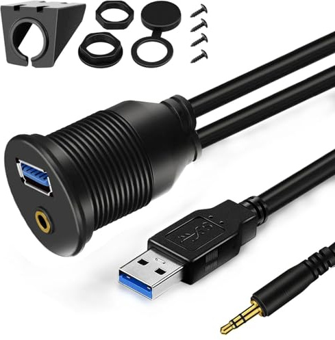 VISSQH Adattatore montaggio a incasso Maschio a femmina USB A & 3.5mm,Cavo di prolunga Accoppiatore montaggio a pannello dual USB 2.0 per auto, barca, moto,Cruscotto(1M)