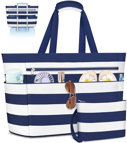 ENONEO Große Strandtasche mit Reißverschluss XXL Familie Strandtasche Damen Groß Shopper Tasche Beach Tote Bag Reisetasche Wasserdicht Saunatasche mit Nassfach & Schuhfach,55L (Blau-New)
