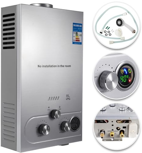 8L 16KW Calentador de Agua de Gas GLP Butano y Propano Calentador de Agua Calentador de Agua LPG Instantáneo Portátil,para Ducha Al Aire Libre,Baño,Camping