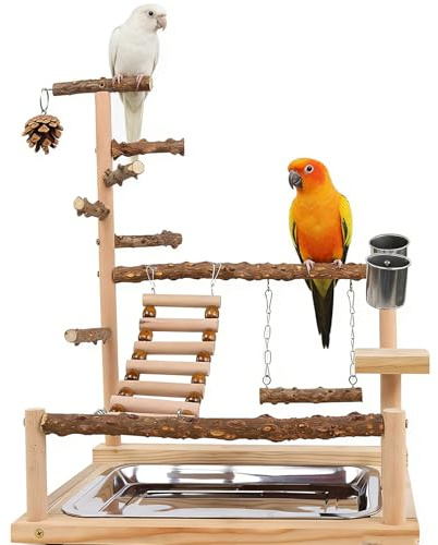 Parrot Stand Natural Wood Budgie Toys Parrot Playground, Bird Cage Accessories, Bird Perches with Removable Tray and 2 Stainless Steel Cups
