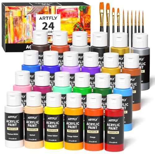 ARTFLY Acrylic Paint Set, 24 Colours in 2oz/60ml Bottles with 10 Paint Brushes, Non-Toxic, Waterproof, Rich Pigments for Artists, Students, Beginners on Rocks, Canvas, Wood, Fabric, Ceramic