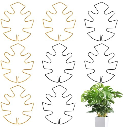 8 Stück Pflanzenstütze Monstera Blatt, Monstera Rankhilfe, Pflanzenstielhalter Pflanzen Stütze, Pflanzenhalter Set für Zimmerpflanzen im Freien, Vielfältige Stängelstüt (Schwarz + Gold)