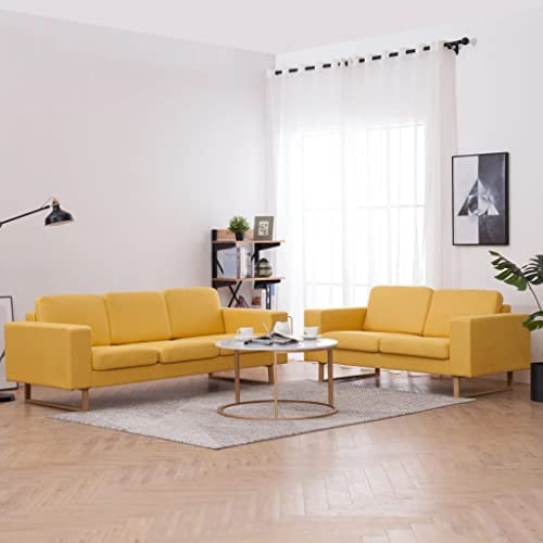 2-tlg. Sofagarnitur Stoff Gelb, Wohnzimmer Couchgarnitur Set mit 2-Sitzer und 3-Sitzer Sofa, Bequeme Polstergarnitur mit Abnehmbaren Kissen, Stabiles Holzgestell für Wohnbereich und Büro