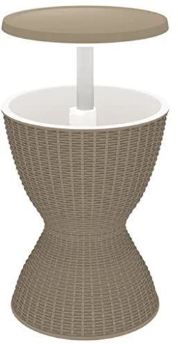 QJBSAVVA Tavolino 3 in 1 con funzione di raffreddamento, per giardino e terrazza, con frigorifero da 30 l, altezza regolabile, effetto rattan, 48 x 48 x 57/82 cm, marrone chiaro