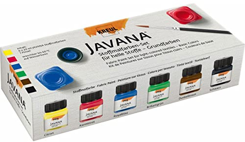 KREUL 90600 - Javana Set de 6 pots de peinture pour tissus clairs de 20 ml avec 1 pinceau Couleurs de base lumineuses Caractère crémeux Résiste au lavage après fixation