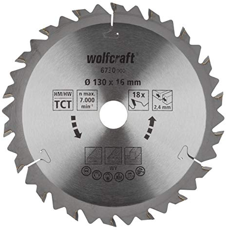 wolfcraft 6730000 1 Lame de Scie Circulaire Ø 130 Mm, Ct, Alésage 16 Mm, 18 Dents, Surface Poncée, Denture Sablée Et Alternée argent