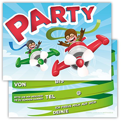 Partycards Einladungskarten Kindergeburtstag Mädchen Junge - 12 Karten, Leicht Zu Beschriften, Format A6 - Geburtstagseinladungen Jungen Mädchen für Kindergeburtstag Flieger Design