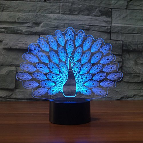 KINGCOO LED Lampe Nachtlicht, Magical 3D Visualisierung Amazing Optische Täuschung Touch Control Light 7 Farben ändern Schreibtischlampen für Kinderzimmer Home Decoration Best Geschenk (Pfau)