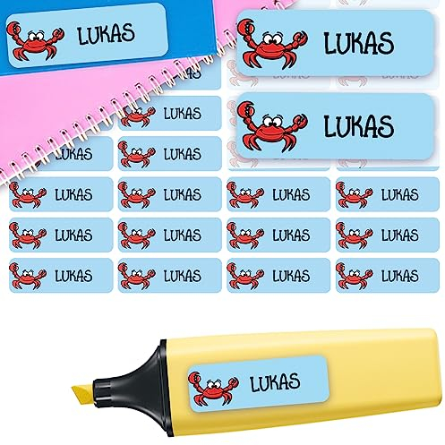 Sunnywall® Namensaufkleber Kinder Schule Krebs Aufkleber Namensetiketten | 60 Stück Klebeetiketten zum Beschriften 4,8x1,6cm Kita Schulanfang | wasserfest
