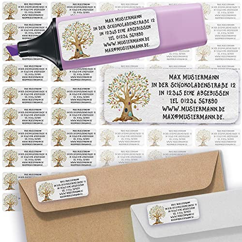 Adress-Etiketten - Adress-Aufkleber Sticker Namensaufkleber mit Ihrem Wunschtext 57x 23mm, für 1 bis 5 Zeilen Text - 45 Stück 45 Hintergründe zur Auswahl (43 Baum Tree)