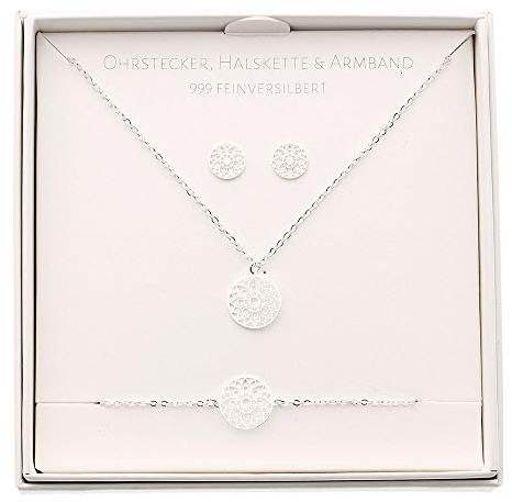 HCA Geschenkset Halskette-Armband-Ohrstecker - Motiv - Mandala des Glücks - feinversilbert
