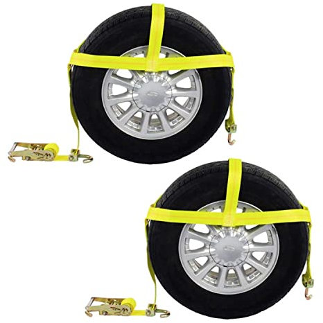 US Cargo Control Cofano ruota con ganci girevoli e cricchetto, cinghia gialla larga 5,1 cm per fissare il veicolo per il trasporto, cinghia forte e durevole, limite di carico di lavoro di 1 kg,