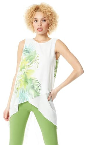 Roman Originals Women Sleeveless Floral Print Chiffon Top Vest Ladies Asymmetric Tropical Blouse Casual Flattering Overlay Light Long Summer Holiday Evening Special Occasion - Green & White - Size 10