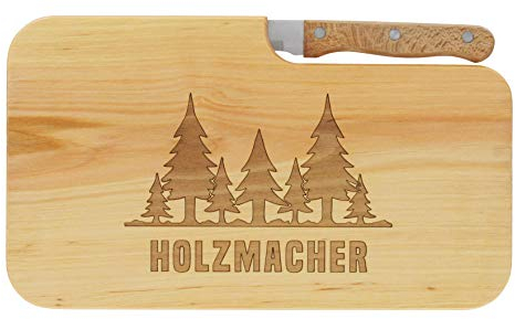 LASERHELD | Brotzeitbrett Holz mit Gravur “Holzmacher” & Messer | 26 x 15 cm | Frühstücksbrettchen Holz Schneidebrett Jausenbrett | Geschenk für Holzmacher Holzfäller als Vatertagsgeschenk