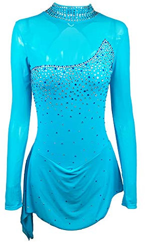 Eislaufkleid Mädchen Türkis Frauen Walzer Tango Kleider Garn Eiskunstlauf Tanzkleid Ballett Trikot - Blau - XL