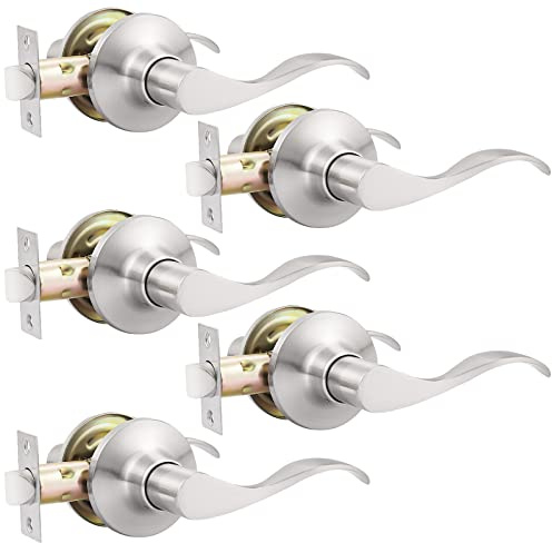 GOBEKOR Juego de 5 palancas de puerta de paso de níquel cepillado para puerta de pasillo y armario, sin llave, palanca de palanca