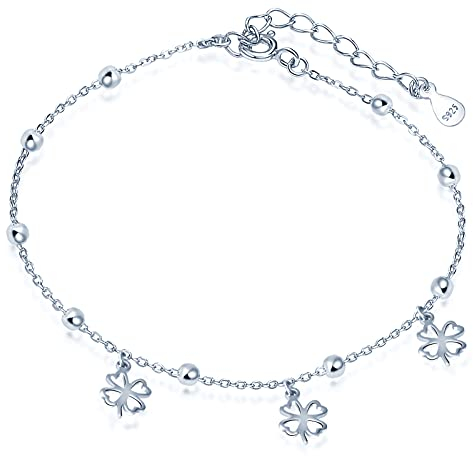 Yumilok Bracelets de cheville, bracelet de cheville en argent 925, bracelet de cheville femme fille, bracelet de cheville trèfle creux, bracelet de cheville chanceux, chaîne ajustable, argent