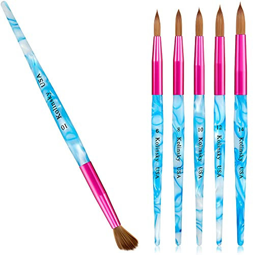 Kolinsky Lot de 5 pinceaux à ongles en acrylique Kolinsky avec poils sertis et manche en acrylique pour application acrylique Nail Art Outil de manucure Taille 6, 8, 10, 12, 14 (rose, bleu et blanc)