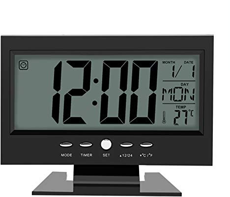 mumisuto Elektrische Uhr, LCD Digital Sound Sensor Tisch-Schreibtischwecker mit Kalender- und Temperaturanzeige, Wecker und Schlummerfunktion für Schlafzimmer Home Office Reisen(Schwarz)